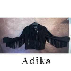 Adika black fringe zip suede look jacket-crop fit-Poly/Spandex blend-size M-EUC!